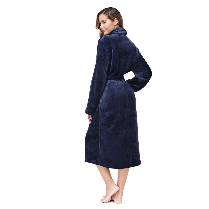 RONGTAI Womens Bathrobe Ladies Fleece Plush Warm Long Robes (Medium,Navy Blue) - Image 3